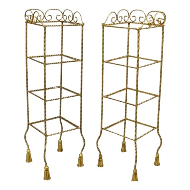 Italian Hollywood Regency Rope Tassel Gold 4 Tier Iron Etagere Shelf - A Pair For Sale