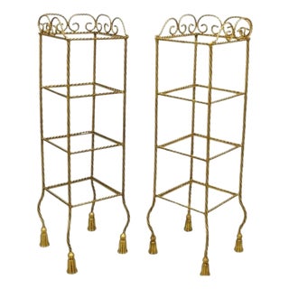 Mid 20th Century Italian Hollywood Regency Rope Tassel Gold 4 Tier Iron Etagere Shelf - A Pair For Sale