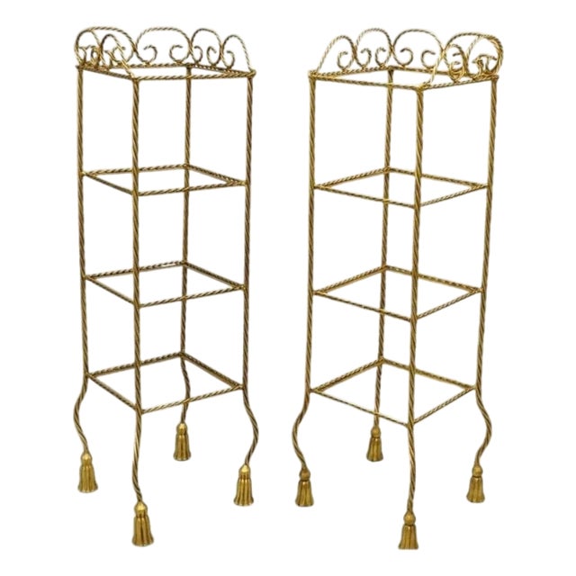 Mid 20th Century Italian Hollywood Regency Rope Tassel Gold 4 Tier Iron Etagere Shelf - A Pair For Sale
