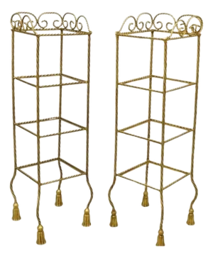 Mid 20th Century Italian Hollywood Regency Rope Tassel Gold 4 Tier Iron Etagere Shelf - A Pair