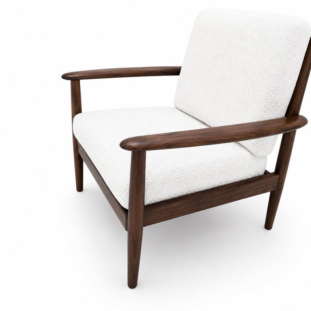 Mid century walnut lounge chairs with beige cream Boucle upholstery. Chairs were newly upholstered for the listing. Wood...