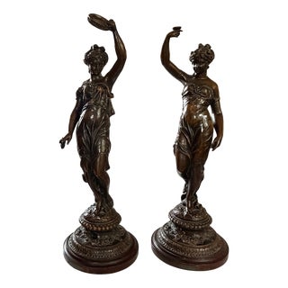 Large 20th Century Belle Époque French Female Figurines in Bronzed Metal, Set of 2 For Sale