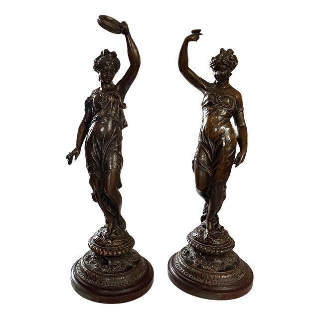 Large 20th Century Belle Époque French Female Figurines in Bronzed Metal, Set of 2 For Sale