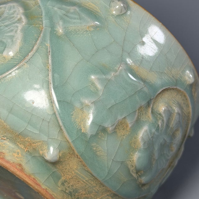 Antique Chinese Official‑Style Celadon Lidded Jar With Relief Floral Motifs For Sale - Image 4 of 7