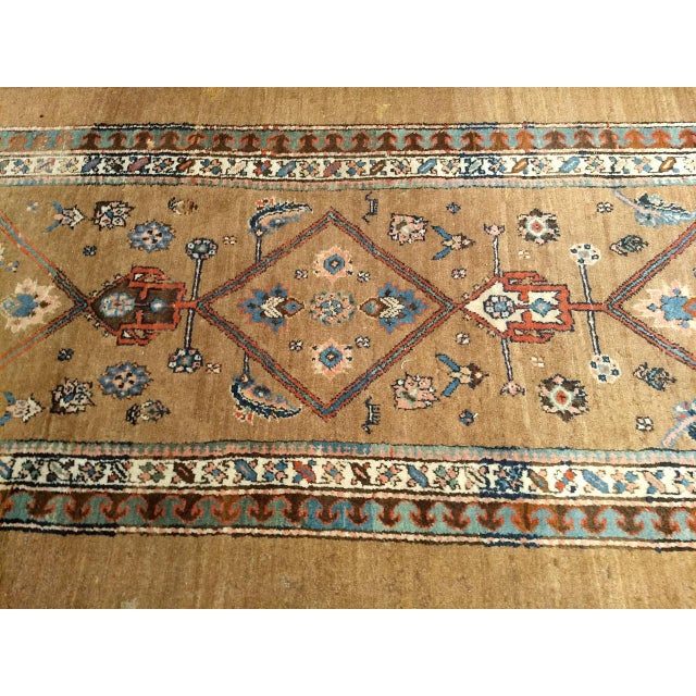 Camel Antique Serab Camel Hair Runner Rug, Hand-Knotted Wool, Geometric Pattern, Red & Green, 4x14 For Sale - Image 8 of 11