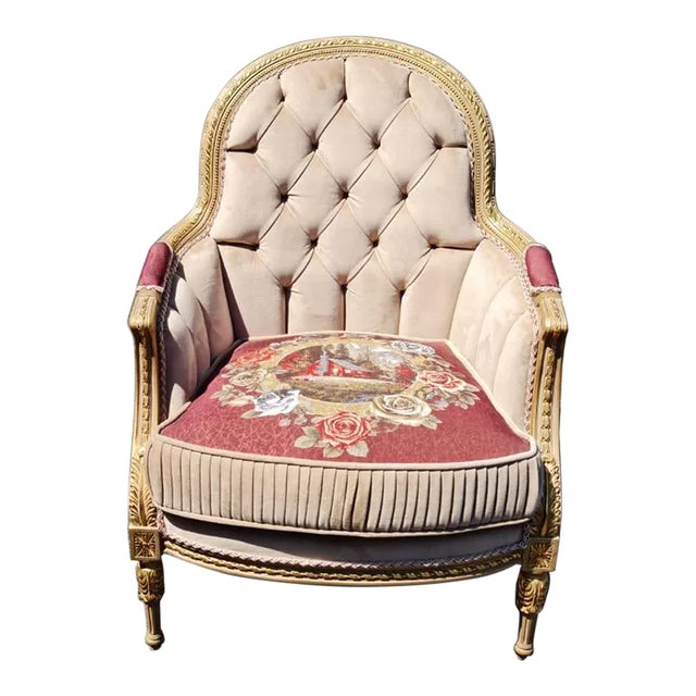 20th Century Antique Style Wood Carved Upholstered Bergere Chair for Living Room For Sale