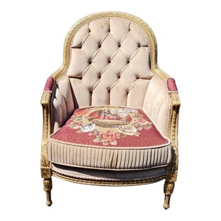 20th Century Chair Antique Style Wood Carved Upholstered Bergere Chair for Living Room For Sale