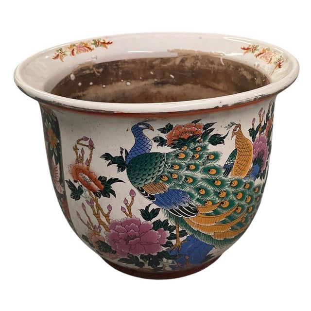 Vintage Chinoiserie Ceramic Peacock and Peony Fishbowl Jardinier Vase For Sale - Image 4 of 12