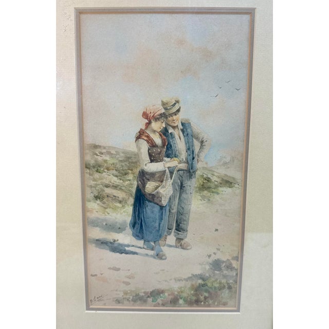 Up for sale is a rare and collectible antique 19th century watercolor painting depicting a realism scene of a man and...