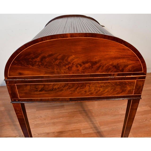 1870s Antique English Regency Mahogany Inlaid Cylinder Tambour Roll-Top Desk For Sale - Image 15 of 18