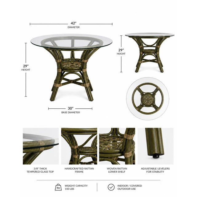 Ritana Coastal Rattan Dining Set — 5 Piece Round Glass Top Table With Four Cane-Back Chairs, Deep Olive Sagewood Finish For Sale In Los Angeles - Image 6 of 6