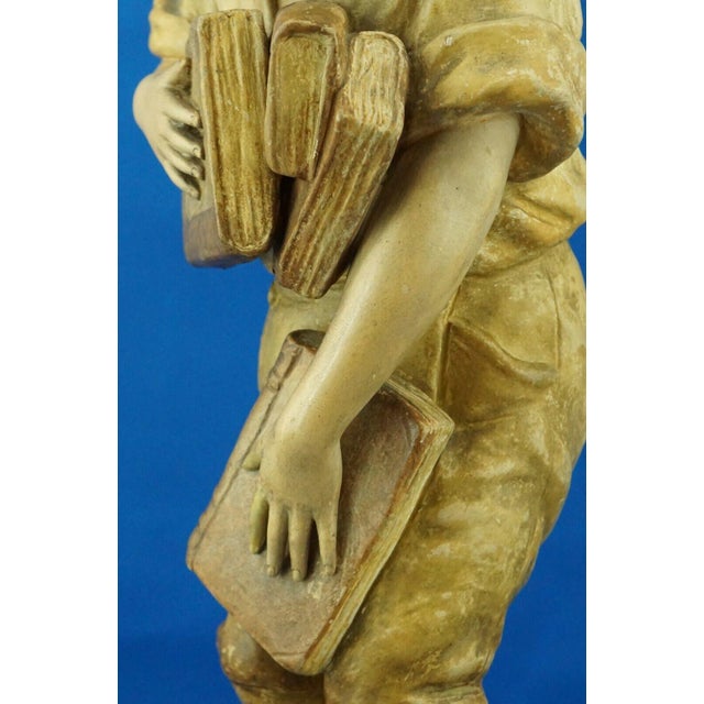 19th Century Terracotta Sculpture Child with Books by Otto Petri for Goldscheider, Austria, 1800s For Sale - Image 16 of 18