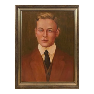 Vintage Framed Oil Portrait of Young Business Man in Copper Suit and Black Tie For Sale