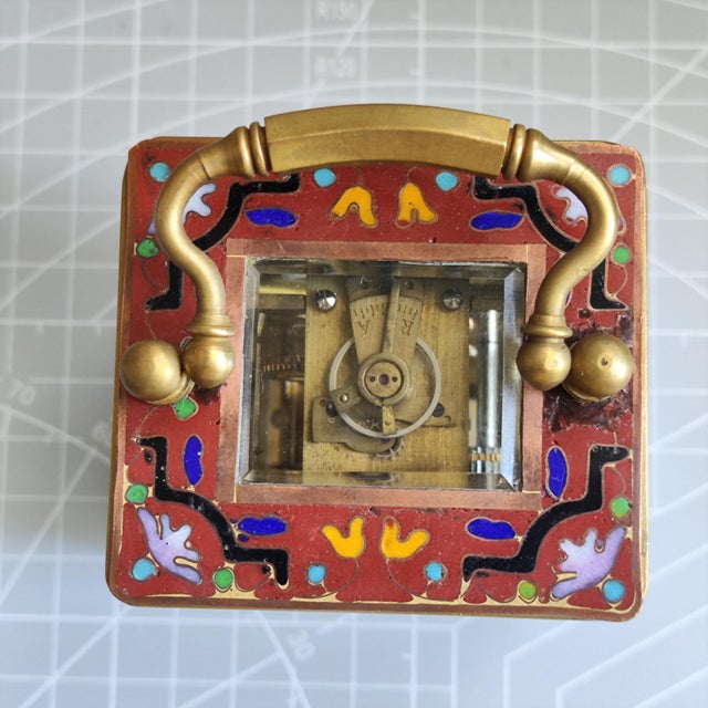 Late 19th Century Miniature French Carriage Clock With Champleve (Cloisonné Enamel) Enamel Antique Brass Clock Made in France For Sale - Image 5 of 10