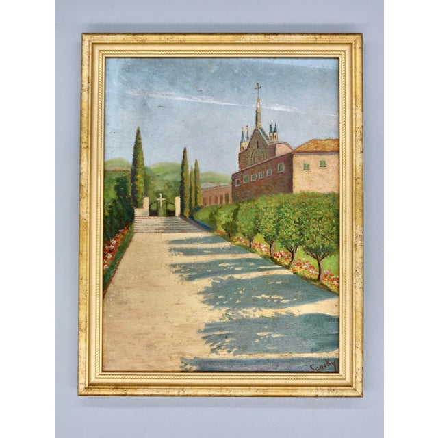 A charming pair of oil paintings on board depicting the Monastère Notre-Dame de Cimiez in Nice, France, painted from two...