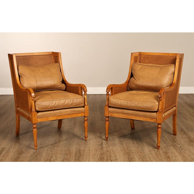 High Quality Pair of Cane Frame Armchairs with Leather Upholstered Cushions