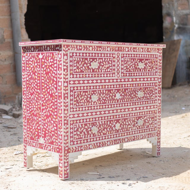 Arabesque Pink Mother of Pearl Inlay Four Drawer Chest by House of Jaipur For Sale - Image 6 of 8
