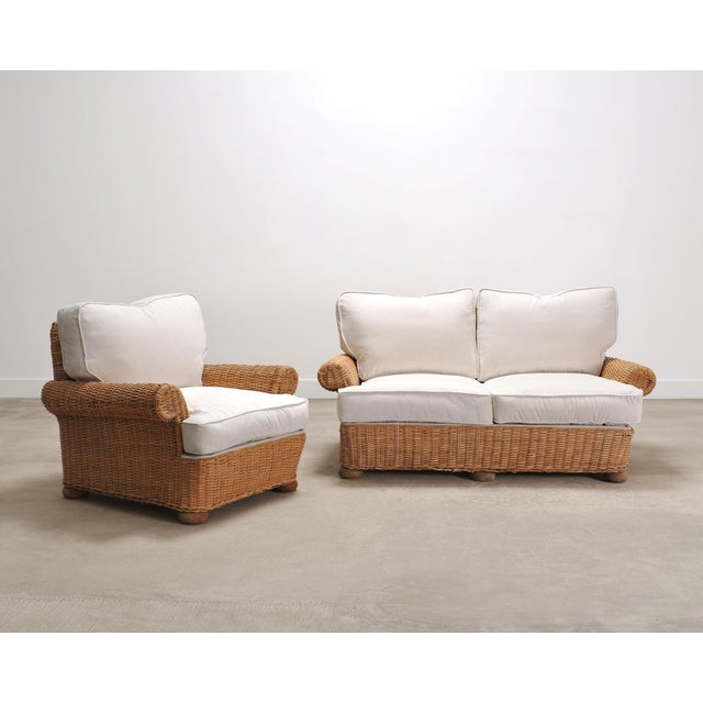 Contemporary Organic Modern Woven Rattan Wicker Lounge Chair and Settee For Sale - Image 3 of 18