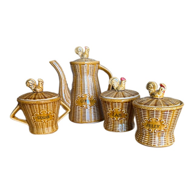 Vintage Majolica Rooster Basketweave Breakfast Set - 4 Pieces For Sale