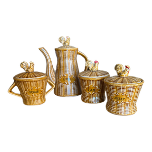 Vintage Majolica Rooster Basketweave Breakfast Set - 4 Pieces