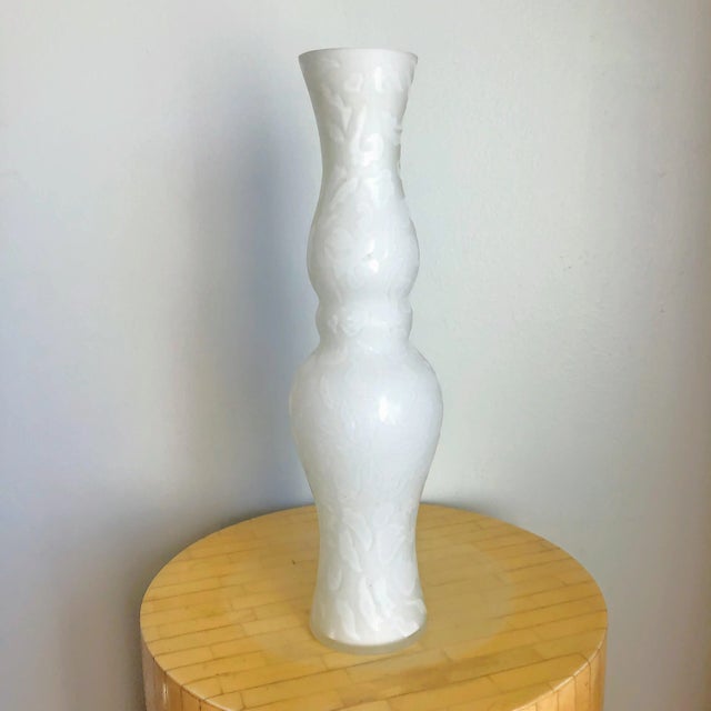 Glass 90s Tall White Etched Glass Vase For Sale - Image 7 of 7