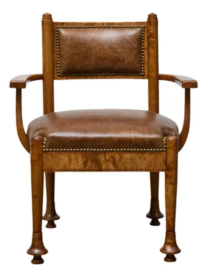 Early 20th Century English Burl Wood Armchair with Leather Upholstery and Turned Disc Feet