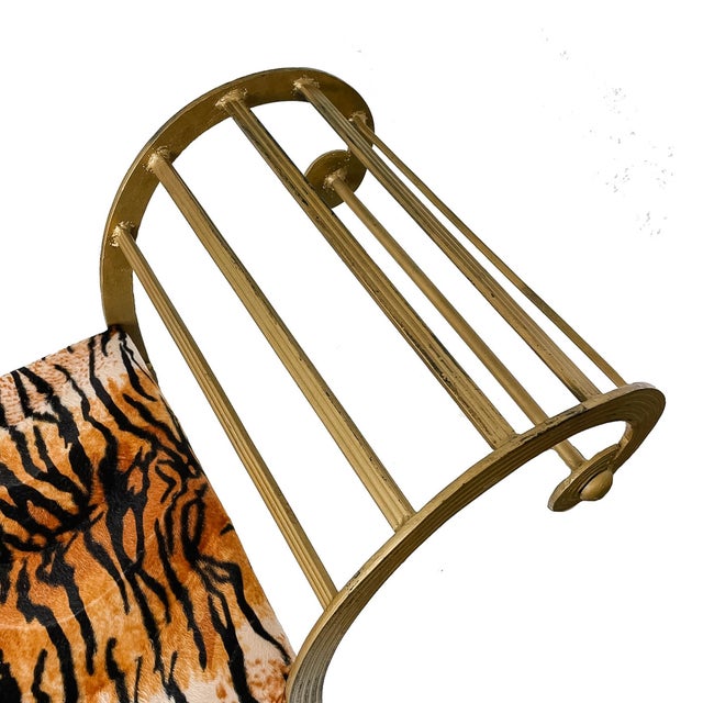 Vintage Hollywood Regency Gilt Metal Pagoda Bench With Tiger Print Upholstery and Paw Feet For Sale - Image 4 of 6