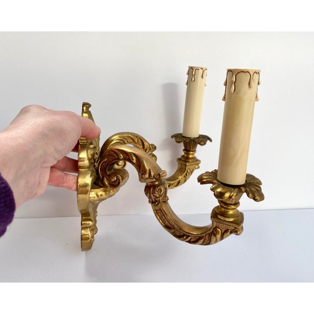 Baroque Vintage French Double Arm Bronze Wall Lights, 1960s, Set of 2 For Sale - Image 3 of 8