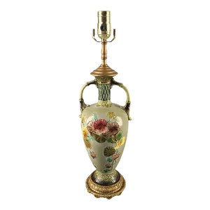 Vintage Early 20th Century Floral Czechoslovakian Majolica Table Lamp Marked