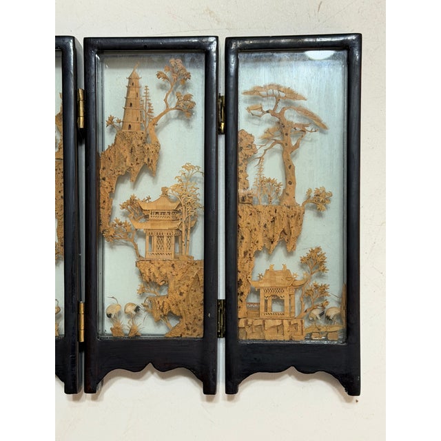 Wood Mid 20th Century Chinese San You Cork Carving Four\-Panel Tabletop Screen** For Sale - Image 7 of 11