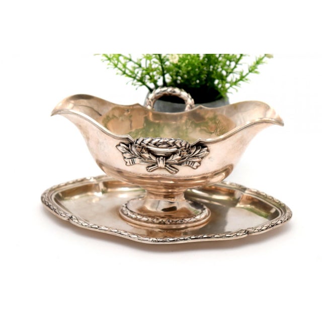 Silver Gravy Boat with Plate and Beaded Handles For Sale - Image 4 of 5