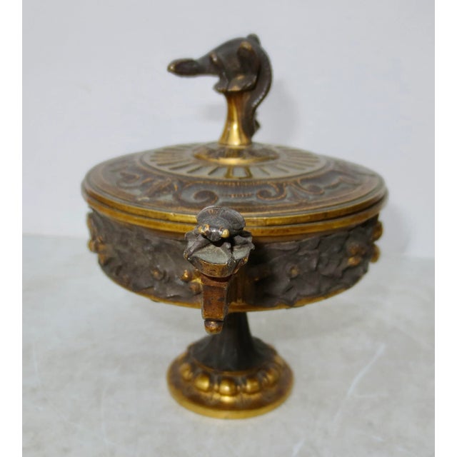 French gilt bronze lidded Tazza. Extremely fine cast and gilding of a late 19th century stemmed tazza Box. Decorated with...