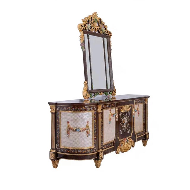 Ebony Maison Velour Obsidian Bloom Hand-Painted French Revival Sideboard With Decorative Mirror For Sale - Image 8 of 8