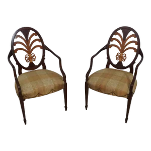 Pair Karges Hepplewhite Plume Carved Armchairs