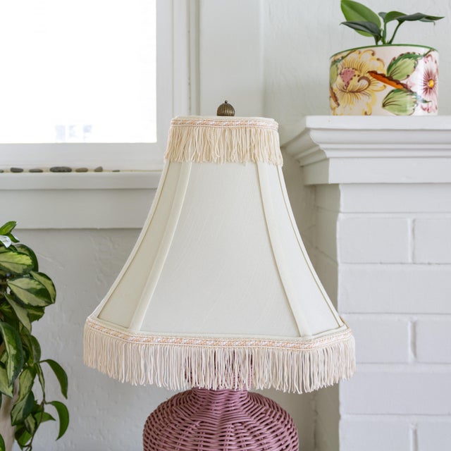 Shabby Chic Vintage Pink Wicker Lamp With Custom Fringed Shade For Sale - Image 3 of 10
