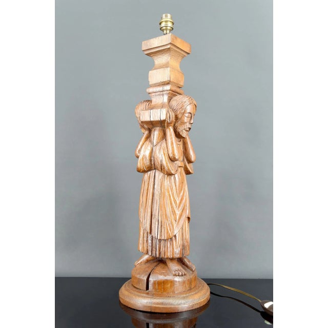 Gothic Revival Medieval Style Pilaster Lamp in Carved Oak, France, 20th Century For Sale - Image 5 of 10