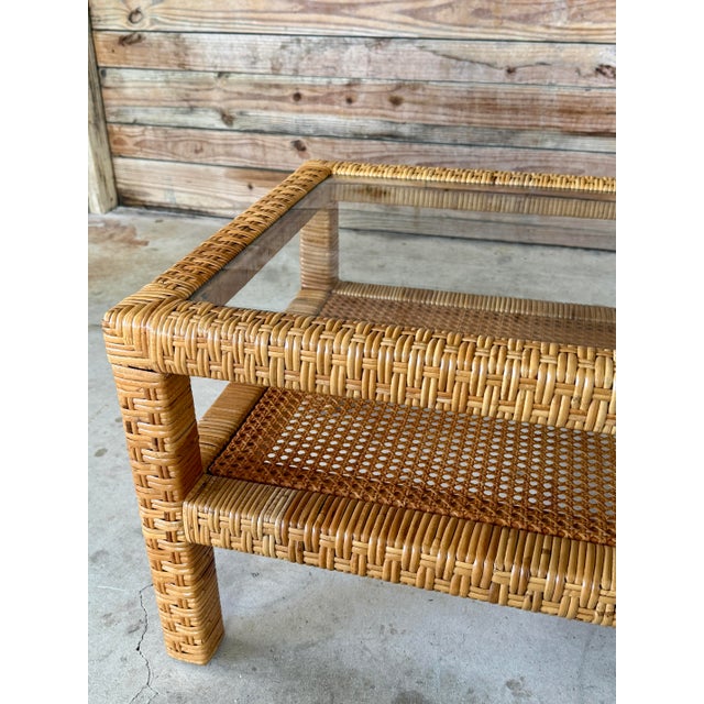 Bielecky Brothers Vintage Coastal Organic Modern Rattan Wrapped Cane Coffee Table With Glass Top For Sale - Image 4 of 12