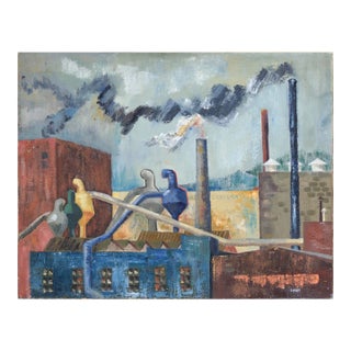 Factories - Mid Century Industrial Landscape in Oil on Linen by Doris Lyons Hoover For Sale