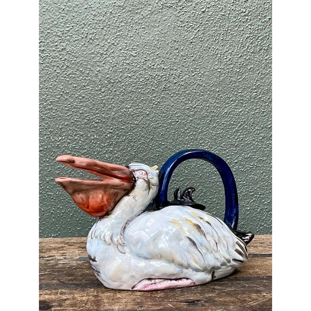 Vintage Coastal Glazed Ceramic Pelican Teapot For Sale - Image 4 of 12