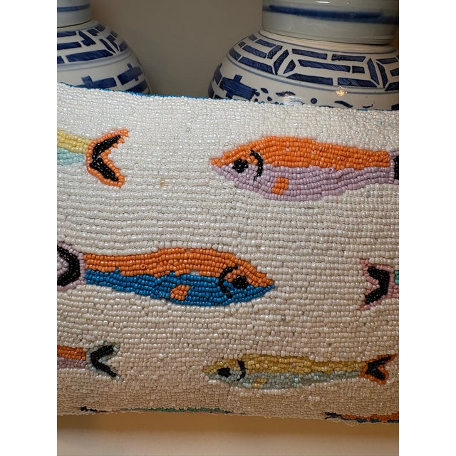 Textile Palm Beach Preppy Beaded Sardine Fish Lumbar Accent Pillow For Sale - Image 7 of 14