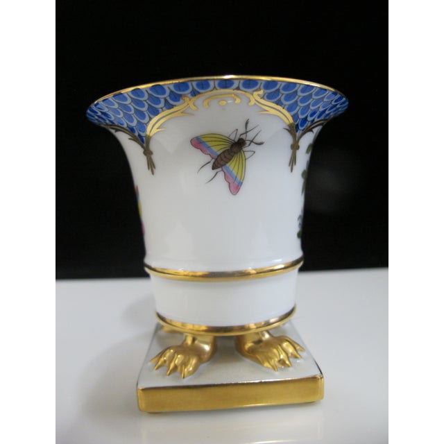 Ceramic Herend Hungary Rothschild Porcelain Bird & Insect Blue Scale Claw Footed Vase For Sale - Image 7 of 9