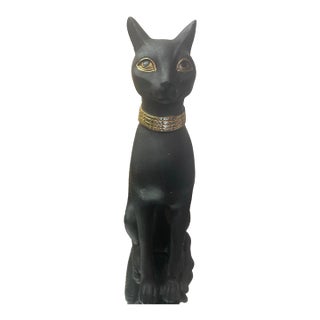Black & Gold Ceramic 8.5” Egyptian Bastet Cat Sculpture For Sale