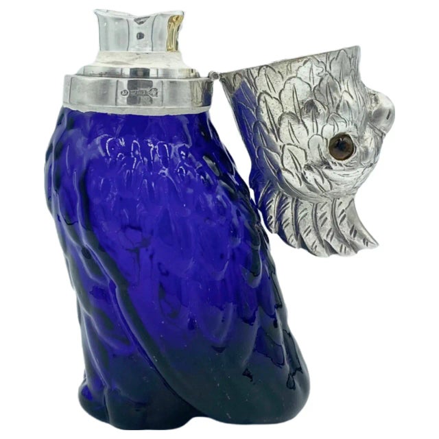 Metal Vintage Cobalt Blue Glass Parrot Cocktail Set With Birdcage Holder & Glasses For Sale - Image 7 of 13