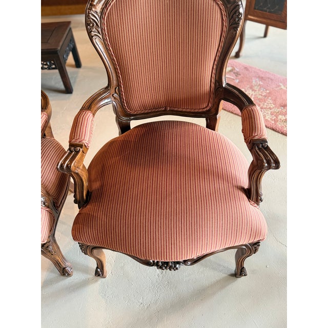 Pair of Vintage Walnut Louis XV-Style Upholstered Arm Chairs For Sale - Image 6 of 9