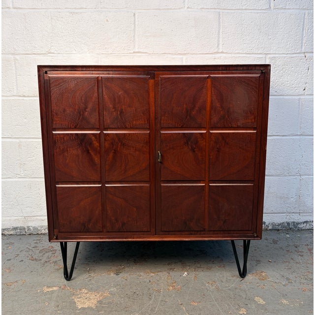 Mid 20th Century Modern Burled Walnut Cabinets on Hairpin Legs, A Pair For Sale - Image 11 of 14