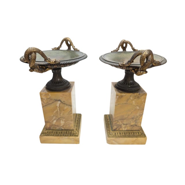 Pair of 19th-Century Bronze Tazzas Featuring Gilt Snake Handles and Siena Marble Stands For Sale - Image 9 of 16