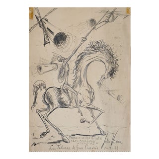 Julio Viera, Don Quixote Attack Scene, 1960s, Pen & Ink Drawing For Sale