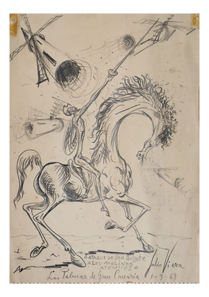 Julio Viera, Don Quixote Attack Scene, 1960s, Pen & Ink Drawing
