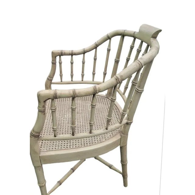Thomasville Vintage Distressed Tan Faux Bamboo Cane Seat Regency Arm Side Chair For Sale - Image 4 of 7