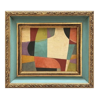 Contemporary Abstract Oil Painting in Vintage Blue Painted Frame For Sale
